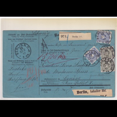 DR., Ausland-Paketkarte mit MiF Mi.-Nr. 42 + 44 aus Berlin