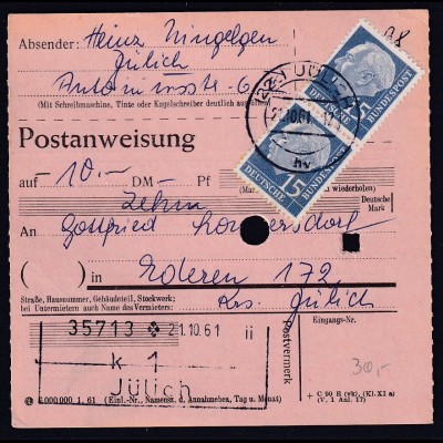 Bund, Postanweisung mit MeF MI.-Nr. 184