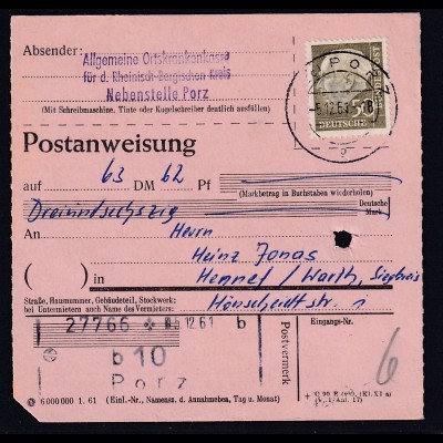 Bund, Postanweisung mit EF MI.-Nr. 261