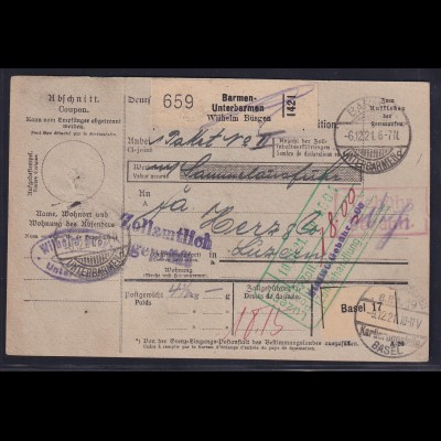 DR., Ausland-Paketkarte mit Gebühr bezahlt aus Barmen-Unterbarmen/Selbstbucher
