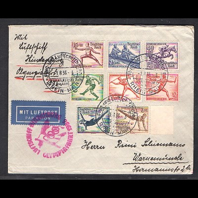 Zeppelin-Satz-Brief, Olympiafahrt 1936 Si. 427 Ba, mit DR. Mi.-Nr. 609-616
