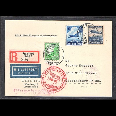 DR., Zeppelin-Karte, Nordamerikafahrt mit MiF. Mi.-Nr. 529 + 603 + 606