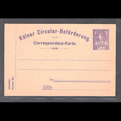 Privatpost, Kölner Circular, Correspondenkarte 1 Pf., ungebraucht.