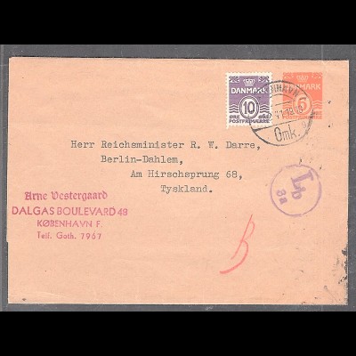 Danmark, Streifband-GS. an Reichminister R.W. Darre, von 6.2.41, zensiert