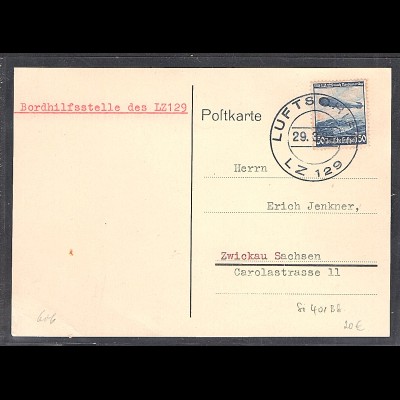 DR., Zeppelin-Karte, LZ 129 mit EF. Mi.-Nr. 606