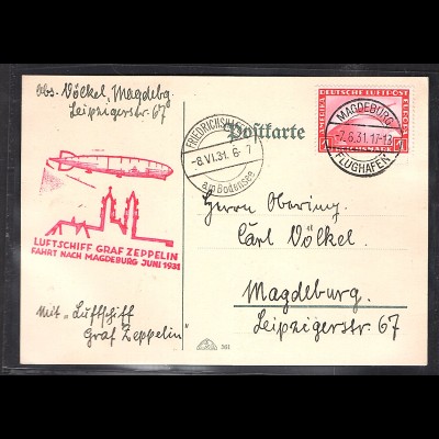 DR., Zeppelin-Karte, Fahrt nach Magdeburg 1931 mit EF. mi.-Nr. 455