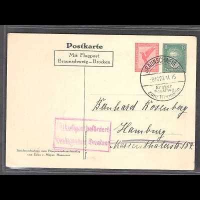 DR., Flugpost-Karte Braunschweig-Brocken, PP92-C1/01, gestempelt.